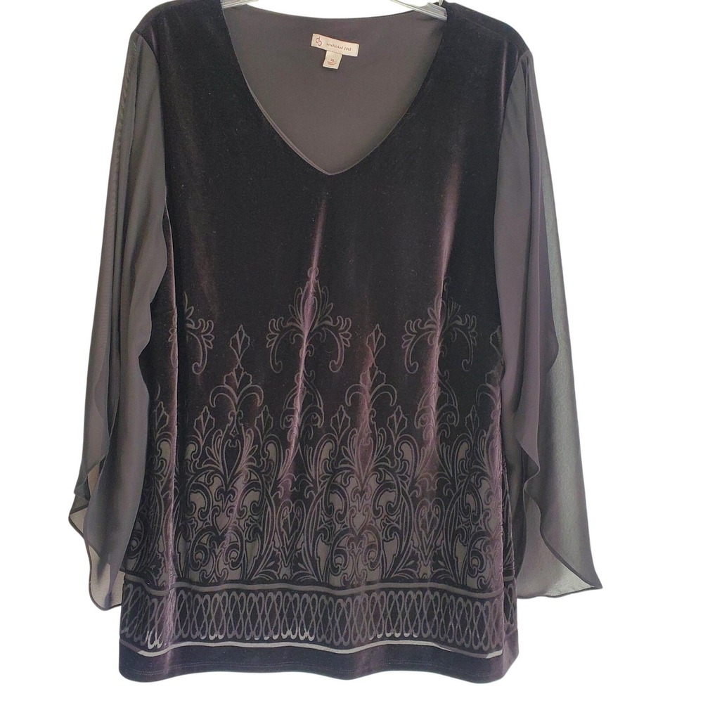 Dressbarn Shirt Womens XL Black Velvet Burnout Sheer Sleeve Tunic Top Whimsigoth